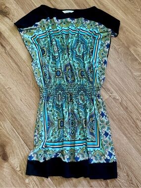 Speechless Blue Paisley Tunic Dress Elastic Waist Small Coastal Boho-Chic